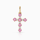 Pingente Cruz Gaia com Safiras Rosa e Diamantes em Ouro Amarelo 18 K
