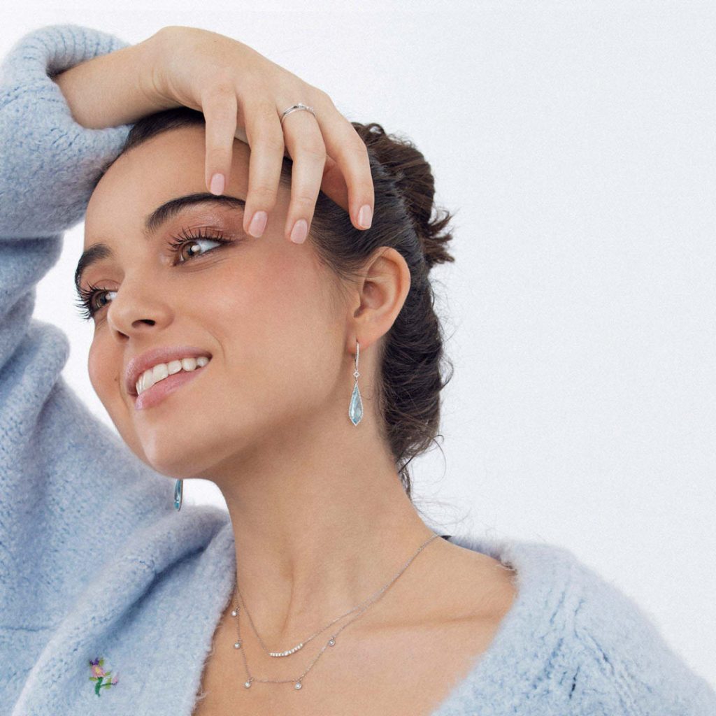 Model with Teardrop Sky Blue Topaz and Diamond Earrings