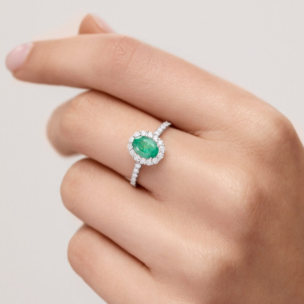 Pavé Nicole Diamond and Emerald Ring in 18k White Gold