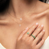 Anel Tri-Marquise de diamante e esmeralda em ouro amarelo 18K