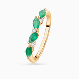 Anel Tri-Marquise de diamante e esmeralda em ouro amarelo 18K