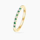 Anel Meia Aliança Vera com Diamantes e Esmeraldas em Ouro Amarelo 18 K