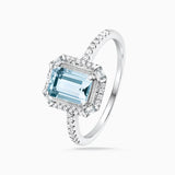 Sortija Art Decó de Diamantes y Aguamarina en Oro Blanco de 18 Kt