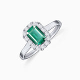 Anel Elizabeth com Esmeralda e Diamantes 0,30 Cts. em ouro branco 18 Kt