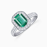 Anel Windsor Esmeralda e Diamante em Ouro Branco 18 Kt