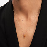 Gaia Pink Sapphire and Diamond Cross Pendant in 18k Yellow Gold